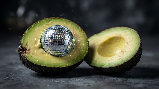Shiny disco ball rests inside a fresh sliced green avocado