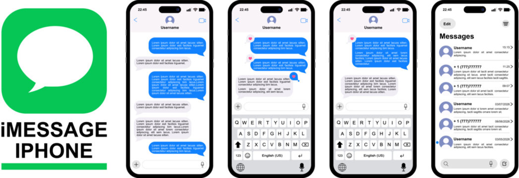 iMessage iPhone chat mockup set with light and dark theme, official green message icon vector logo, smartphone messaging screen layout with typing keyboard interface