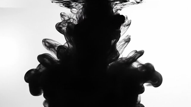 Abstract black ink swirling in water with fluid shapes and artistic motion on white background