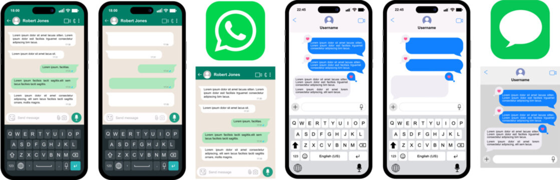 WhatsApp and iMessage Iphone chat interface mockup collection, mobile messaging application screens with official green app icons, modern smartphone chat templates in light and dark mode