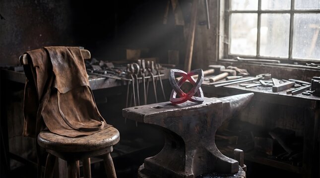 Glowing Red Hot Forged Steel Sculpture on Anvil in Traditional Blacksmith Forge Workshop