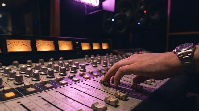 Sound Engineer Hand Adjusting Vintage Mixing Console Fader with Analog VU Meters in Recording Studio