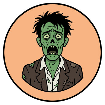 Zombie man in green skin horrified facial expression with an open mouth. Flat vector illustration.