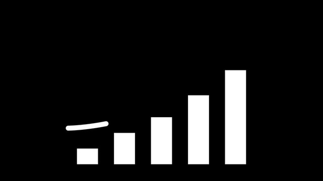 Business growth animated rising column bar chart with curved profit arrow on 4k clean black background