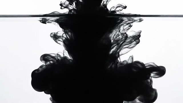 Black ink swirling and mixing in clear water with dramatic abstract shapes and fluid motion