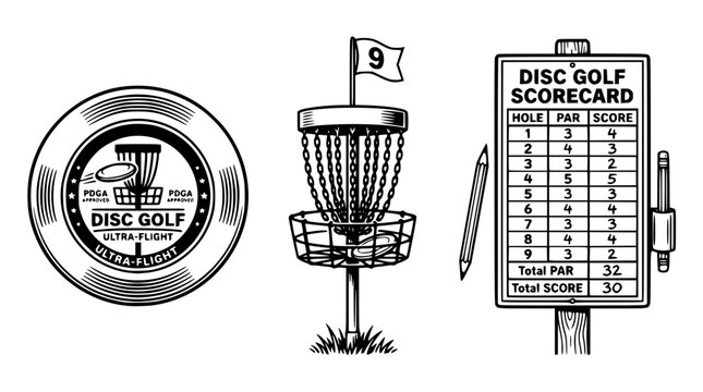 Detailed vector illustration featuring disc golf equipment and a scorecard chart