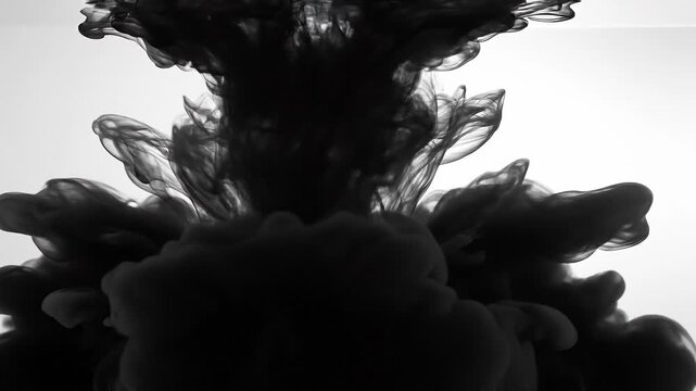 Black ink swirling in water creating abstract fluid smoke shapes on white background