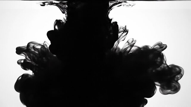 Black ink swirling in water artistic abstract background with fluid shapes and smoke effect