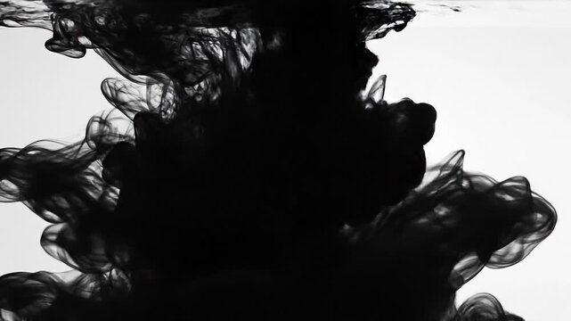 Black ink swirling in water creating abstract fluid shapes on white background