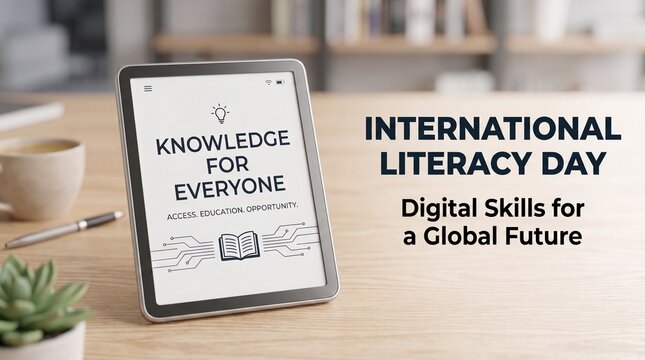 International Literacy Day banner with e-reader and digital skills text on wooden table