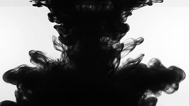 Black ink swirling in water creating abstract fluid shapes on white background