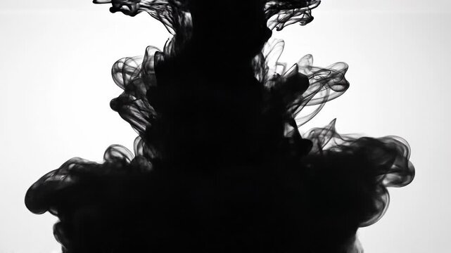 Abstract black ink swirling in water creating artistic smoke effect on white background