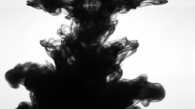 Abstract black ink swirling in water with soft smoke-like patterns on white background