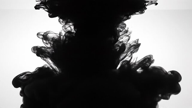 Black ink swirling in water with abstract shapes and patterns on white background