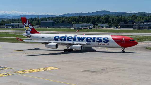 Edelweiss Air Airbus A340 is taxiing at ZRH international airport