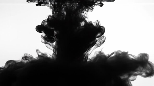 Black ink swirling in water with abstract smoke shapes on white background