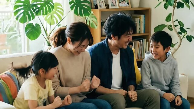 リビングのソファで笑顔で拳を握り締め応援する家族