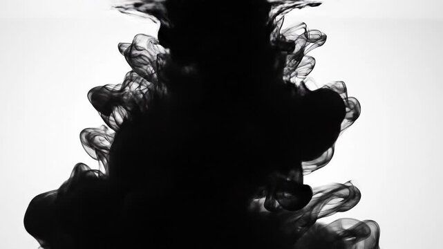 Black ink swirling in water with abstract shapes and fluid motion on white background