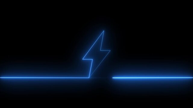 Neon blue lightning bolt symbol glowing on dark background, minimalist electric energy animation electricity