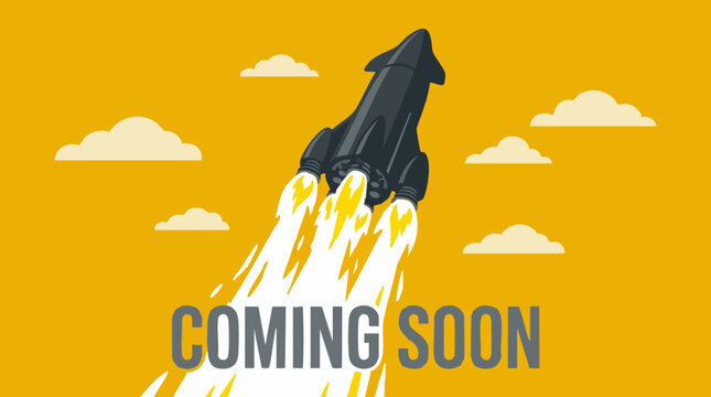 Rocket launch with 'Coming Soon' text on yellow background, flat design vector