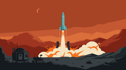 Rocket launch from a Martian-like red planet with exploration base © GraphWorks