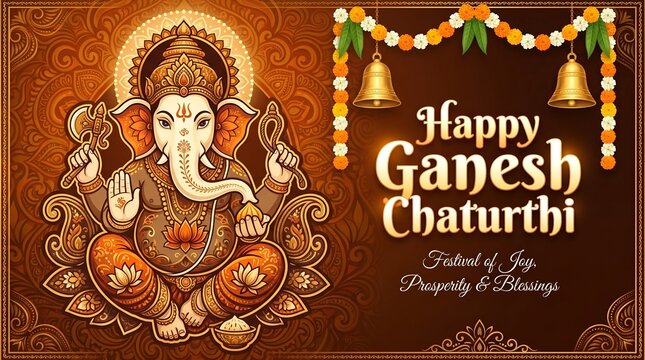 Vector Ganesh Chaturthi Banner with Line Art Ganesha and Text