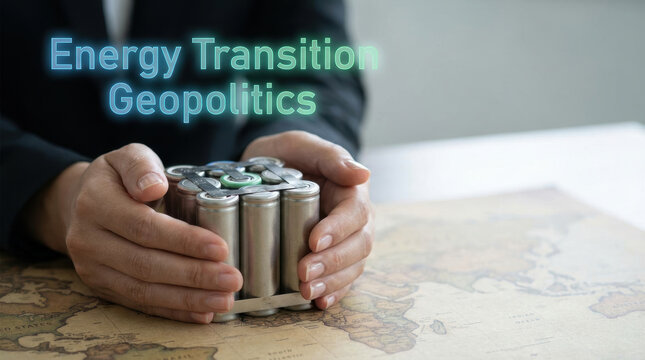 Energy transition geopolitics with hands holding battery cell pack on map, clean power shift and resource supply concept