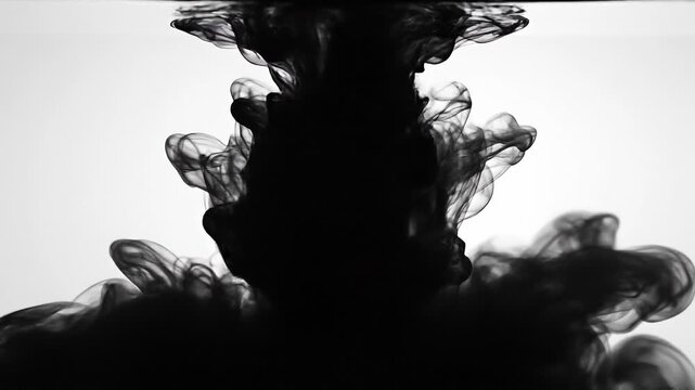 Black ink swirling in water creating abstract dark smoke shapes on white background