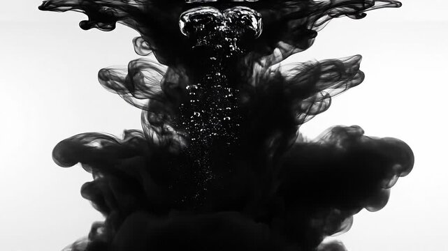 Black ink swirling in water with bubbles creating abstract dark shapes on white background