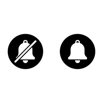 Bell icons, notification symbols, alert signs, two circles with bell shapes, one with line through it