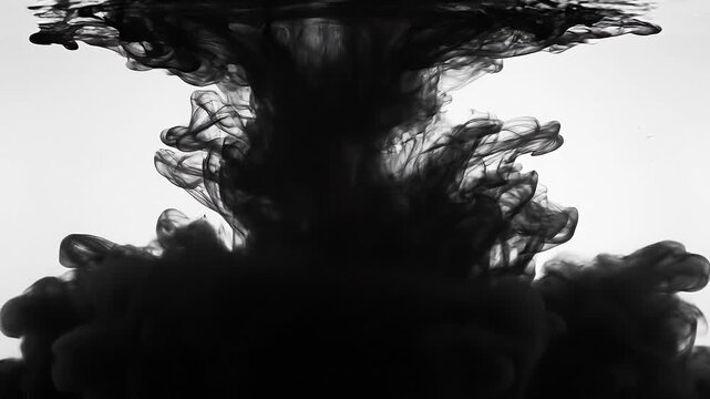 Black ink swirling in water creating abstract smoke cloud with dark fluid movement