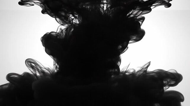 Abstract black ink swirling in water with white background artistic fluid motion