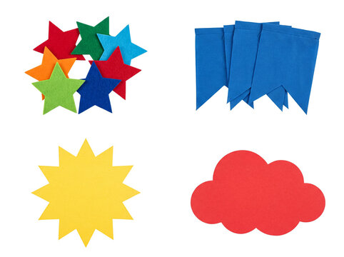 Artistic array of bright felt craft elements, showcasing stars, bunting flags, a starburst, and a cloud.