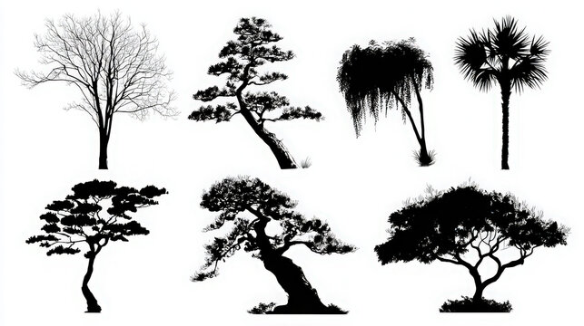 Assorted set of black silhouette trees including bonsai palm deciduous coniferous species with tree silhouette