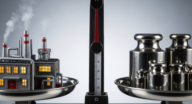 Debt balance scale with factory model and metal weight for corporate debt levels concept
