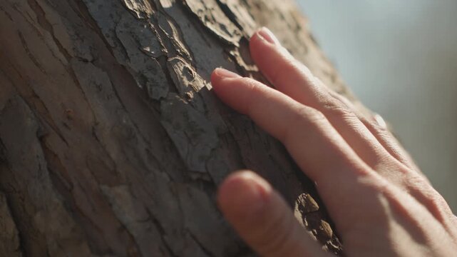 Close up of hand gently tracing rough texture of tree bark in natural light. focus remains on tactile interaction with organic material highlighting detailed wood grain and surface