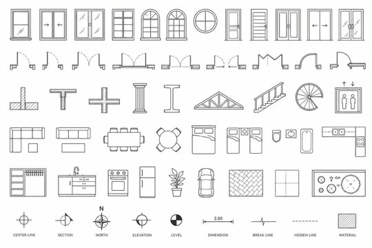 Collection of simple black line geometric shapes and graphic icons