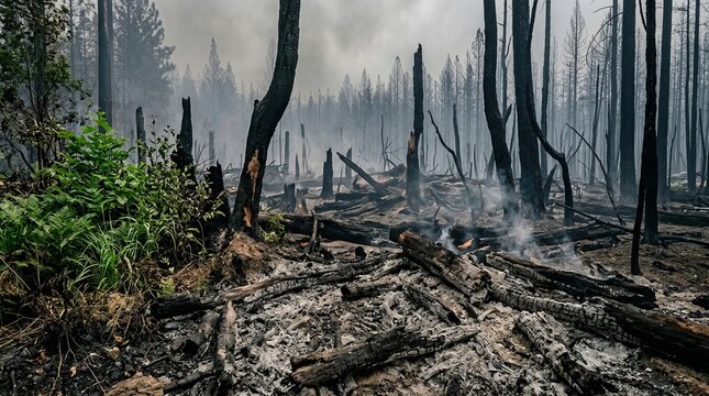 Burnt Forest Landscape After Wildfire