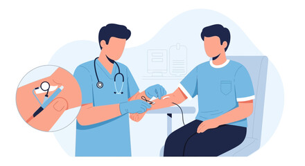 Fototapeta premium Medical professional performing blood draw on patient, close-up on syringe