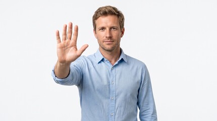 Naklejka premium Serious adult man in casual shirt making stop gesture with hand, ai generated