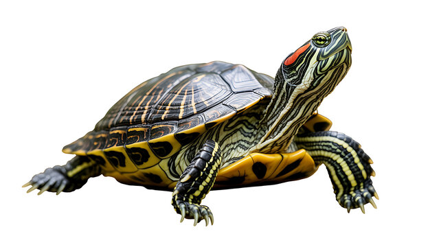 Turtle rests on a clean surface while showing its patterned shell and red.