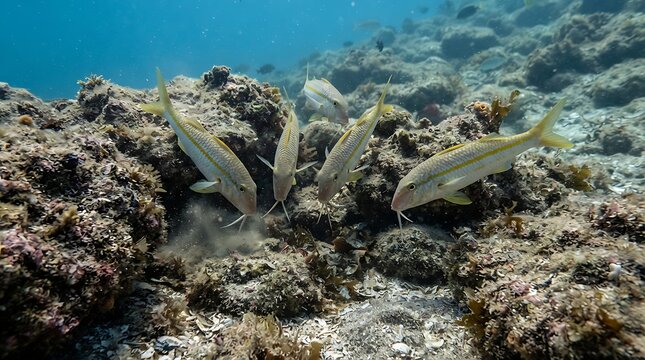 School of yellowfin goatfish searching for food amongst the rocks and coral of a vibrant underwater reef in the clear blue sea
