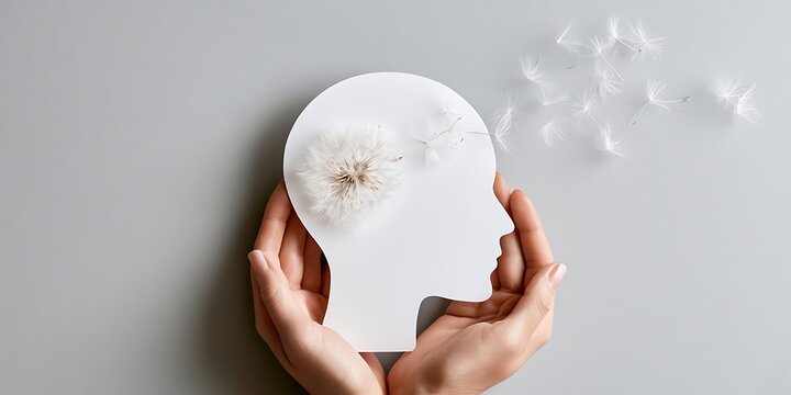 Senior dementia and fading memories concept with dandelion seeds blowing away from paper head silhouette