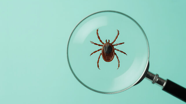 Tick is magnified through a glass lens to show parasitic insect anatomy clearly.