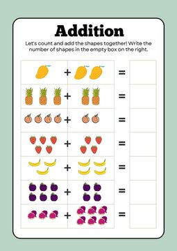 Easy addition math worksheet for kids learning basic sums up to ten. Printable educational activity page for kindergarten, preschool, and primary school students.