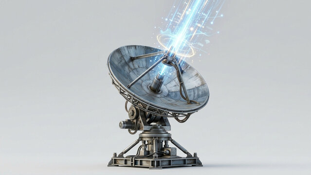 Large satellite dish antenna transmitting data signals.