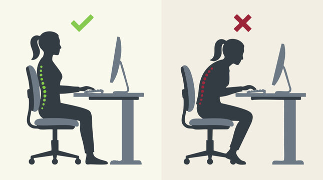 Good and bad sitting posture at computer desk for office ergonomics