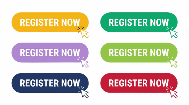Set of colorful 'Register Now' web buttons with mouse cursor icons