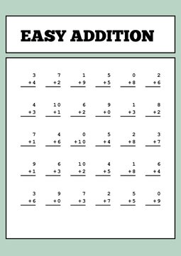 Easy addition math worksheet for kids learning basic sums up to ten. Printable educational activity page for kindergarten, preschool, and primary school students.