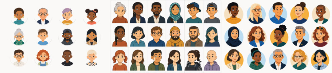 Fototapeta premium Vector Collection of Diverse Cartoon Avatars on a White Background